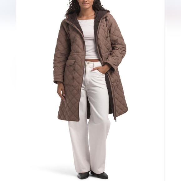 Bernardo Jackets & Blazers - Bernado Women's Pine Bark Hooded Cinch Waist Quilted Coat